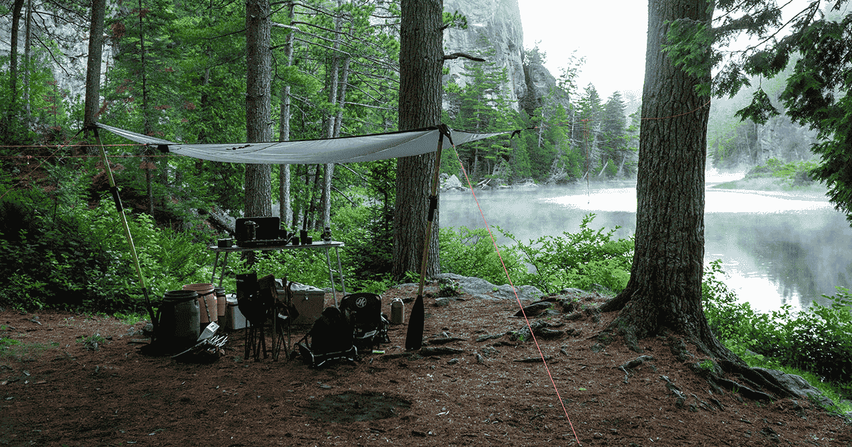 camp set up in algonquin provincial park on a fishing trip in canada ontario in the summer time