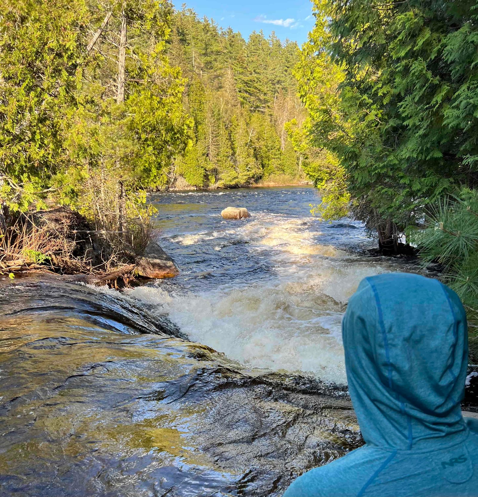 NRS hoodie on Dumoine River